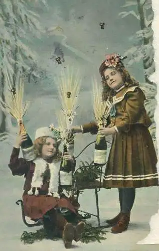 Netherlands Postcard young girls with champagne bottles funny illustration