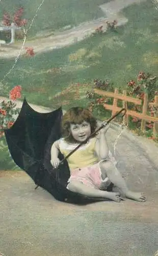 Postcard children types young girl with umbrella