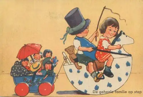 Postcard family with children funny illustration