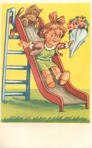 Postcard girl with dog on the slide funny comic illustration