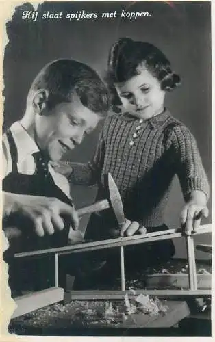 Postcard children types young boy and girl repairing things
