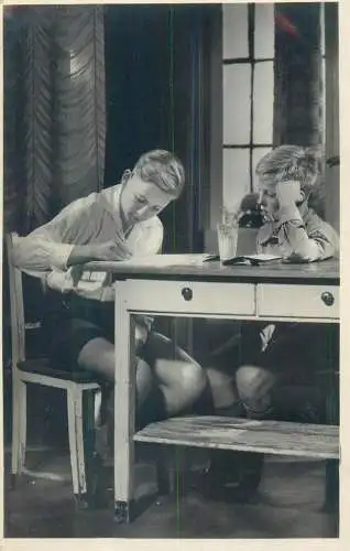Postcard school children types teenage boys doing homework