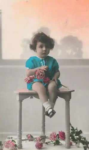 Postcard children types confused funny face young girl with roses