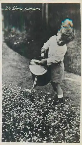 Postcard children types little boy watering flowers
