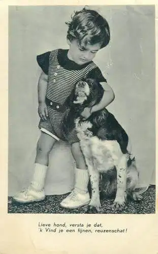 Postcard children types little boy playing with dog