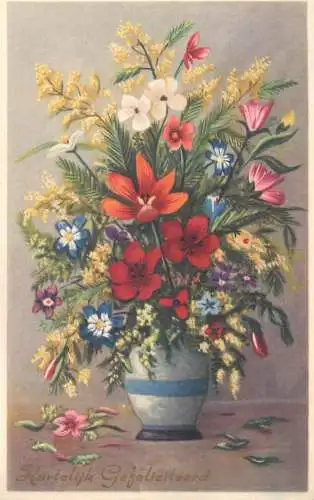 1953 Rotterdam Dutch Post card vase colourful flower arrangement Heartfelt greetings