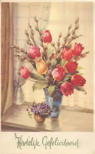 Heartfelt greetings Dutch Amsterdam 1951 Postcard tulips colourful vase arrangement