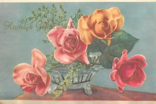 Heartfelt greetings Dutch Rotterdam 1957 Postcard roses floral arrangement