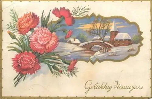 New Year greetings Dutch Rotterdam 1954 Postcard  chrysanthemum floral motif winter aspect