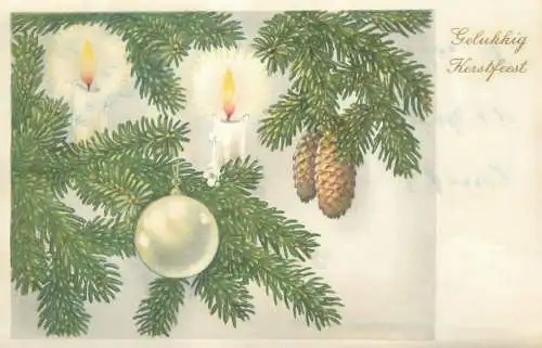 Christmas greetings Dutch Postcard globe acorns lit candles ornaments decorated tree detail aspect