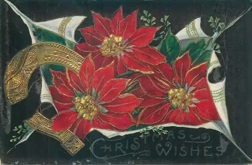 Christmas wishes greetings Postcard flowers horseshoe lucky charm