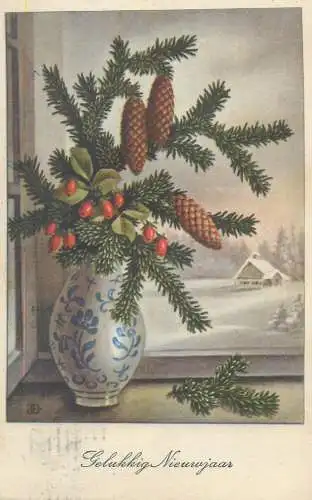 New Year greetings  Dutch 1941 Post card fir tree branch and acorns vase arrangement