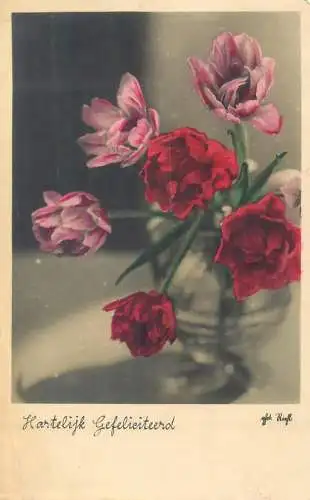 Warm greetings  Dutch Post card garden roses vases arrangement