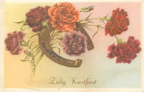 Christmas greetings 1953 Nijmegen Netherlands Postcard flowers colourful bouquet horseshoe lucky charm