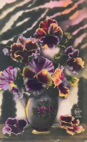 Postcard pansies vase floral arrangement