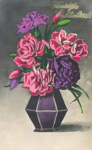 Heartfelt greetings Postcard vase floral arrangement garden roses bouquet painting