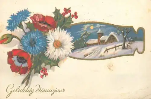 New Year Greetings Postcard winter moonlight view colourful flower bouquet