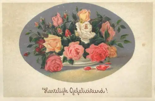 Heartily Greetings Postcard colourful bouquet garden roses