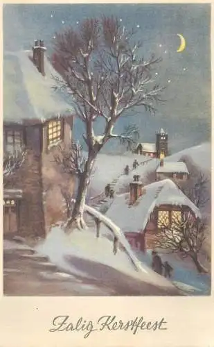 Christmas greetings Dutch Post card winter night moonlight atmosphere illustration