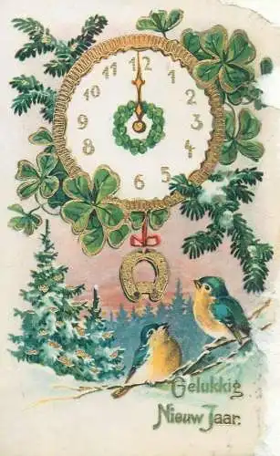 New Year greetings Dutch Postcard clock horseshoe singing birds