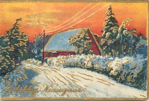 Christmas greetings Dutch embossed Postcard winter evening illustration