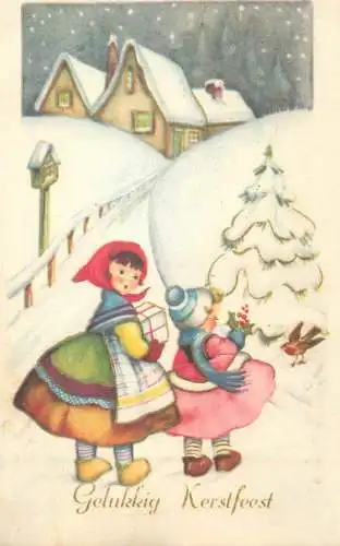 Christmas greetings Dutch 1958 Postcard winter day carolling types and scenes
