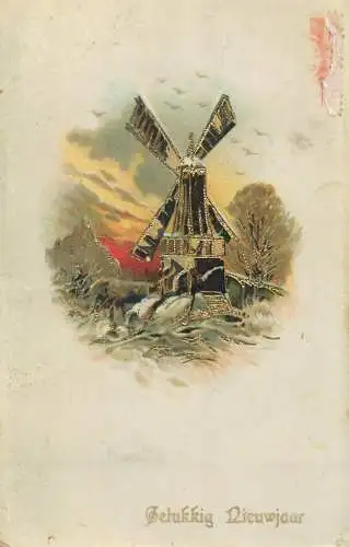 New Year greetings Dutch Postcard windmill illustration