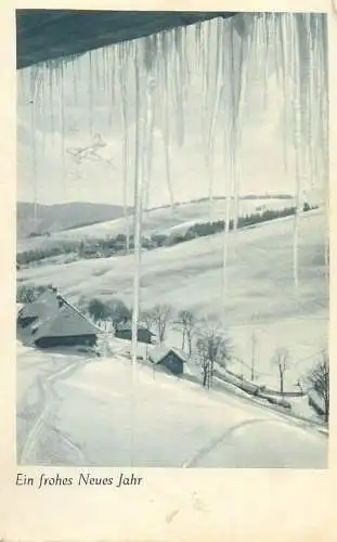 New Year greetings Postcard snow-covered landscape winter day frozen icicles