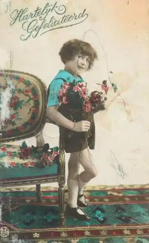 Birthday greetings Postcard smiling young girl flower bouquet