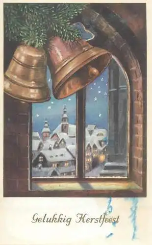 Christmas greetings winter night illustration Postcard bells decorative ornaments