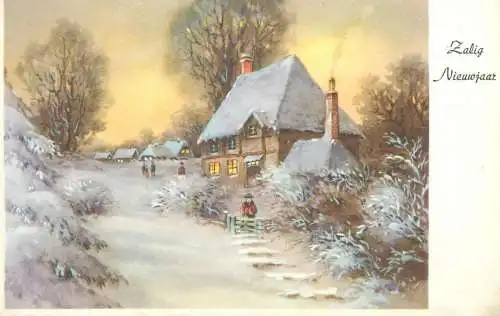 Happy New Year greetings Dutch Postcard winter scenery illustration
