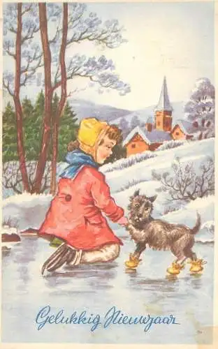 Happy New Year greetings Dutch Postcard winter scenery ice skating girl with dog