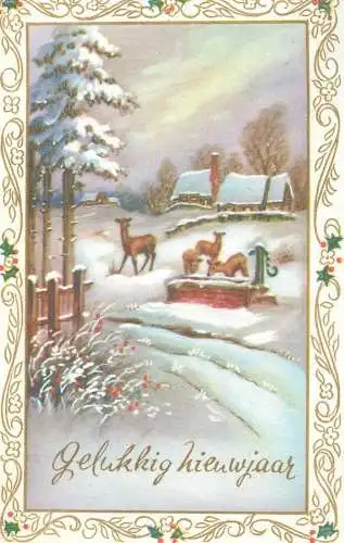Happy New Year greetings Dutch Postcard winter scenery deer