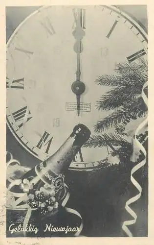 Happy New Year Dutch Postcard champagne bottle and clock