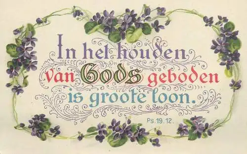 religious quote Postcard "in keeping God's commandments is great reward" Psalms 19.12 calligraphic writing floral motif