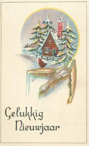 Postcard New Year greet illustration singing bird
