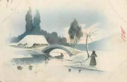 Postcard stone arch bridge over frozen river painting