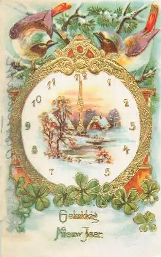 New Year greetings Nehterlands embossed Postcard clock birds