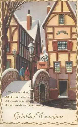New Year greetings Nehterlands Postcard typical houses architecture types and scenes illustration