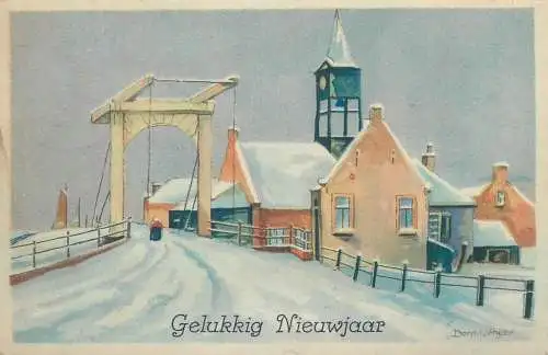 New Year greetings signed Netherlands Postcard Hindeloopen Hendrikus Elias Roodenburg engraving
