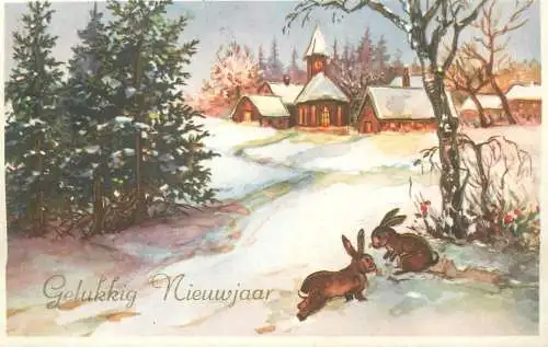 New Year illustration Postcard winter day rabbits at the edge of the forest