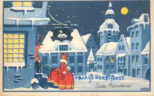 Winter Holidays illustration Postcard winter night moonlight atmosphere historical costumes types and scenes