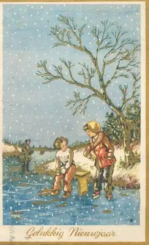 New Year greetings snowy winter day ice skating types and scenes illustration Post card