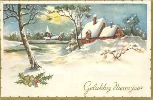 New Year greetings moonlight aspect village view during winter illustration Post card
