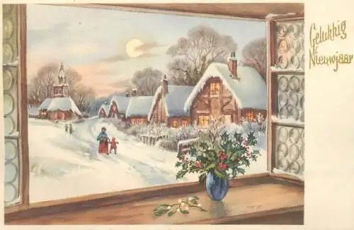 New Year greetings village view during winter illustration Post card