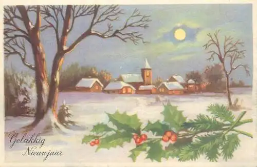 New Year greetings winter scenery illustration Post card