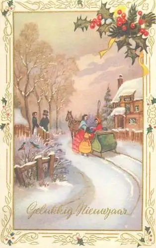 New Year greetings horse drawn sleigh snowy winter day illustration Post card