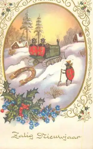 Postcard New Year greetings winter day snow plough ladybug horseshoe  funny illustration