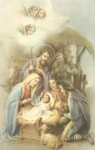 Postcard Christmas greetings Nativity religious scene Child Adoration