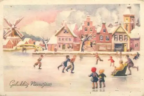 Postcard Netherlands New Year greetings ice-skating types and scenes